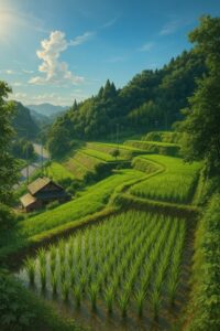 猛暑の中でも、命はまっすぐに育つ ― 夏空に向かって伸びる棚田の稲たち ― サムネイル画像