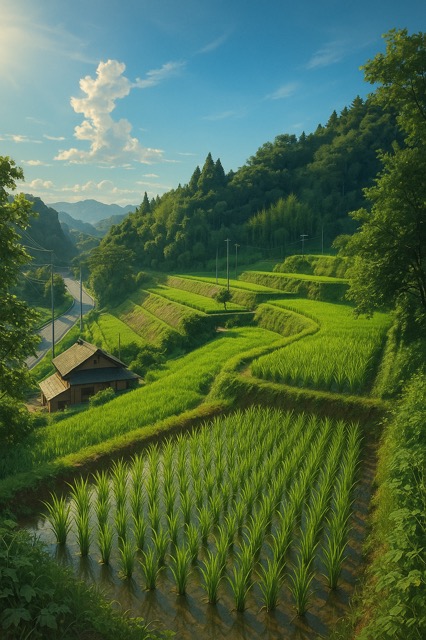 猛暑の中でも、命はまっすぐに育つ ― 夏空に向かって伸びる棚田の稲たち ―画像1